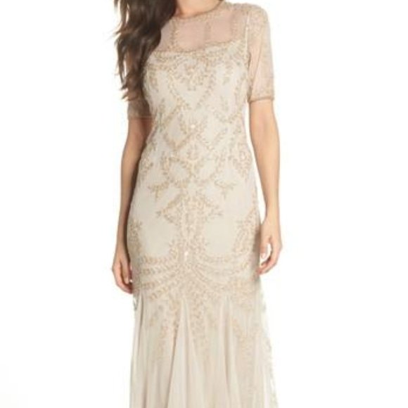 Adrianna Papell Beaded Trumpet Gown In Biscotti - Picture 1 of 10